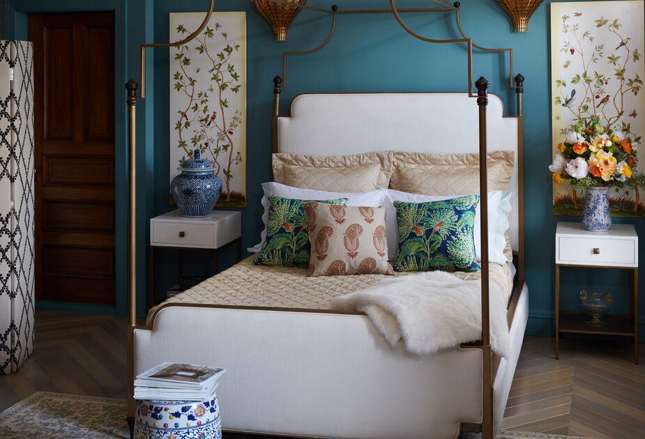This bedroom is a cocoon of comfort, from the upholstered Loren Canopy Bed to the quilted silk coverlet and shams. 
